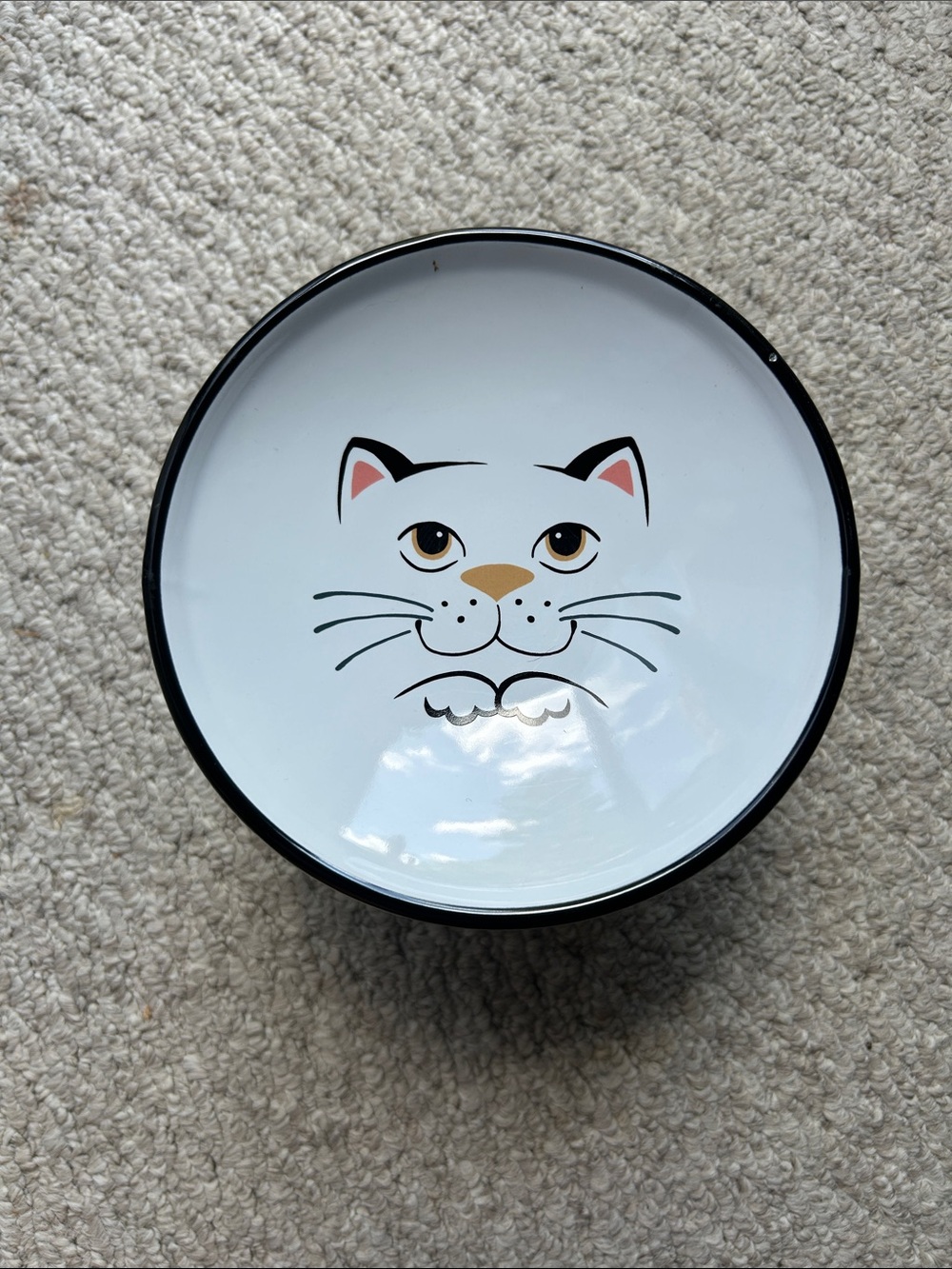 Cat Face Ceramic Pet Bowl in White with Black Rim